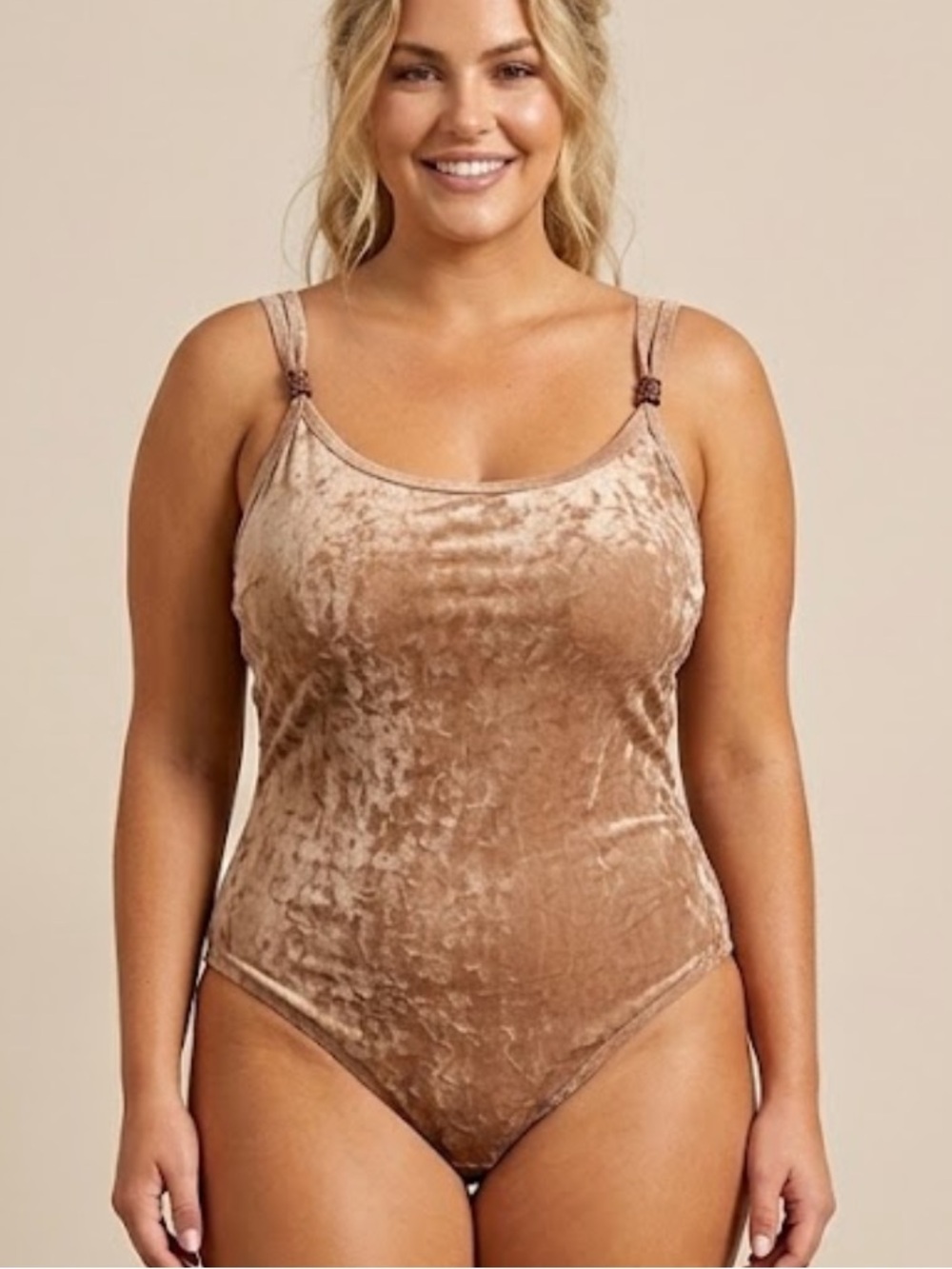 Y2K Beach Cabana Woman Tan Crush Velvet High Cut One Piece Swimsuit 1X vintage